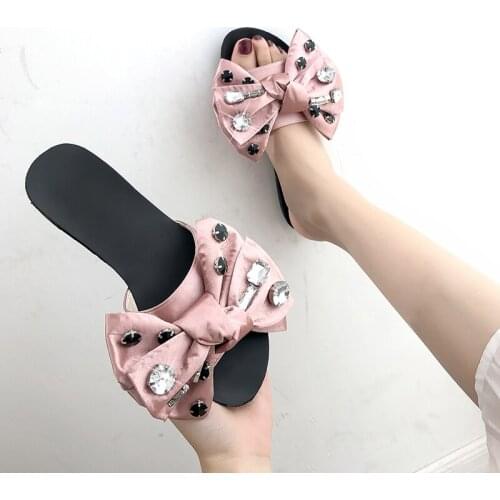 New Summer Beach Slippers Slides Female Slip On Rivet Bow Knot Slippers Flat Platform Women Shoes Woman Casual Shoes Plus Size
