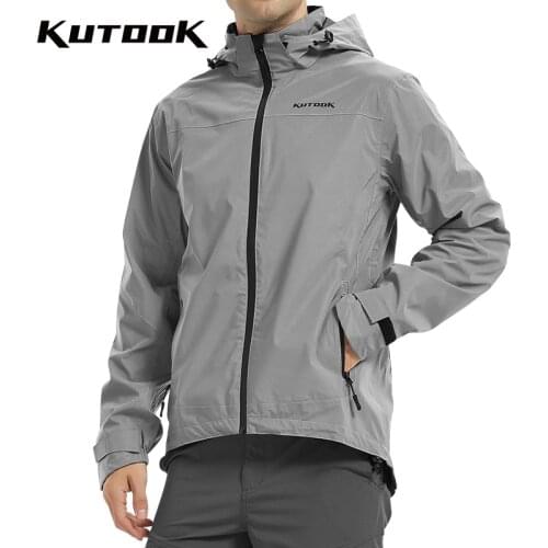 KUTOOK Reflective Raincoat Outdoor Hiking Raincoat Waterproof Windproof Breathable Rain Poncho Trench Coat Men Removable Cap
