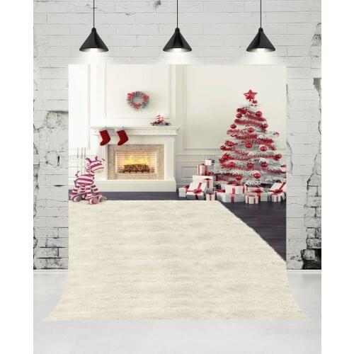 VinylBDS Christmas Photography Background White Wall Backdrop Fireplace Family Backdrops Carpet and Gift Box Backdrop for Studio