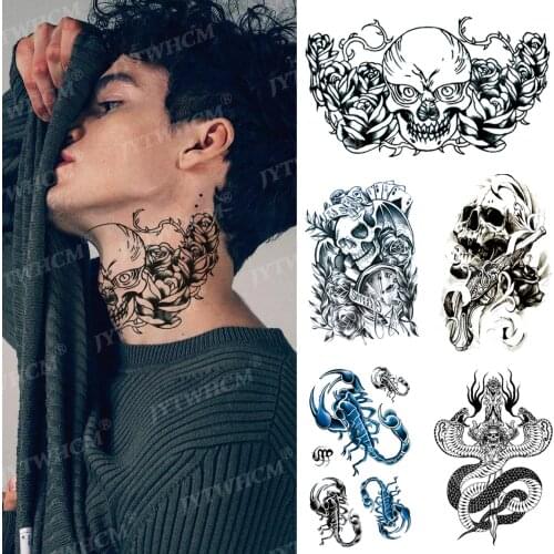 Waterproof Temporary Tattoo Stickers Turtleneck Tattoo Skull Dark Snake Fake Tattoos Arm Neck Transfer Tattoo for Men Body Art