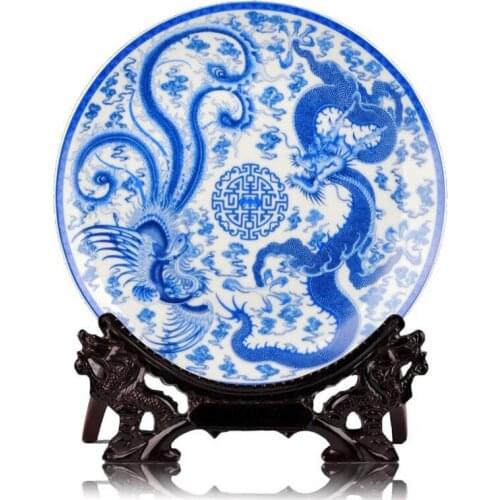 High grade blue and white dragon and Phoenix hanging plate decoration sitting plate Jingdezhen ceramics home furnishing decorati