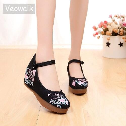 Veowalk Chinese Embroidery Women Canvas Platform Shoes Heightened Old Beijing Flats for Ladies Casual Elevator Sneakers