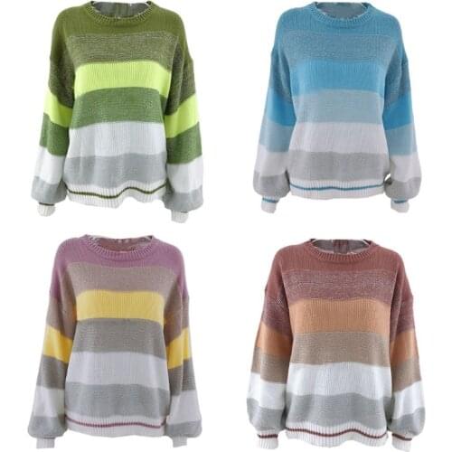 Women Lantern Long Sleeve O-Neck Sweater Glitter Sequined Loose Knitted Pullover Tops Contrast Color Striped Jumpers