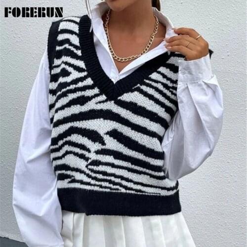 FORERUN Sweater Vest Women Black and White Striped Sleeveless Knit Top Deep V-neck Y2k Jersey Prepply Style Jumpers