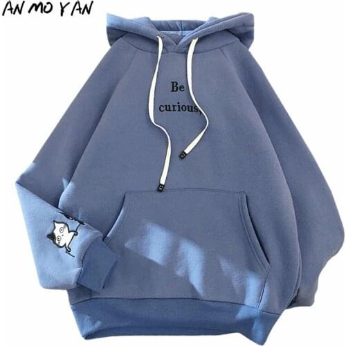 Winter Plus Velvet Thickening Womens Sweatshirt Harajuku Print Patchwork Pocket Top Long Sleeve Cute Cat Embroidery Hoodie