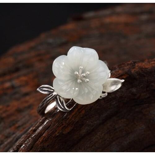 2018 Time-limited Anel Feminino S925 Pure Inlay Restoring Ancient Ways Ms Hetian Plum Flower Open Wholesale High-grade Ring