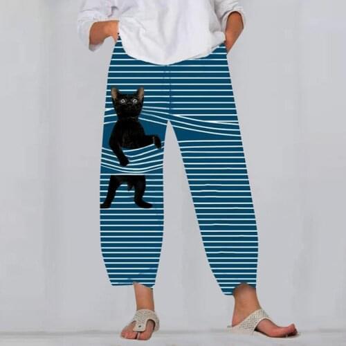 Summer High Waist Womens Fashion Wide Leg Casual Elastic Waist Striped Loose Culotte Cropped Pants Cat Dog Printing Trousers
