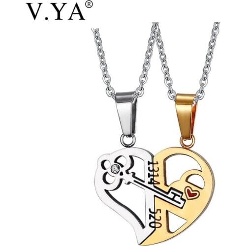 V.Ya Romantic Couples Heart Key Crystal Necklaces Her & His Love Forever Pendant Set Valentine Stainless Steel Chain Jewelries