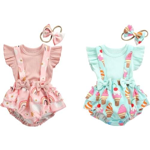 0-18M Baby Girls Clothes Sets 3pcs Ruffles Short Sleeve T Shirts Tops Rainbow/Ice Cream Printed Bib Shorts Headband