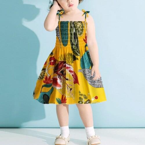 Summer Beach Mini Dresses Toddler Baby Kid Girls Floral Flowers Ruched Strap Summer Princess Dress Kawaii Kids Sling Party Dress