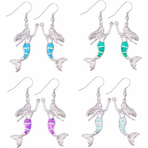 Fashion Charm Ocean Blue Fire Stone Mermaid Dangle Earrings Alloy Women Jewelry
