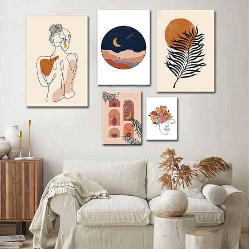 Wall Art Poster Boho Canvas Painting Sun Moon Print Line Naked Woman Wall Art Posters Nordic Wall Pictures for Living Room Decor