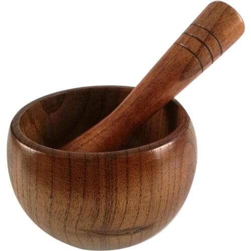 Newly Bamboo Wood Mortar and Pestle Set with Lid Spoon Grinder Press Crusher Masher for Pepper Garlic Herb Spice