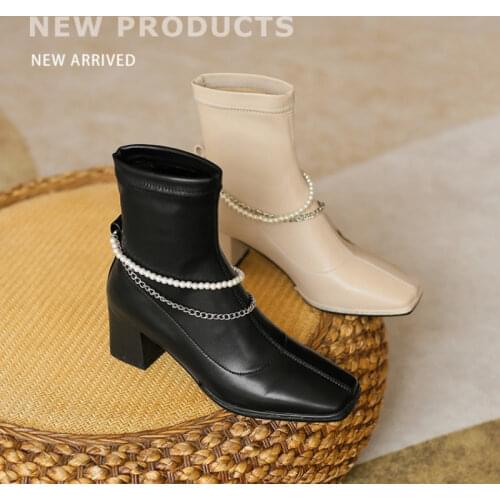 Ochanmeb Handmade Stretch Microfiber Leather Boots for Women Plus Size 43 White Booties Ladies Block High Heel Pearls Chain Shoe