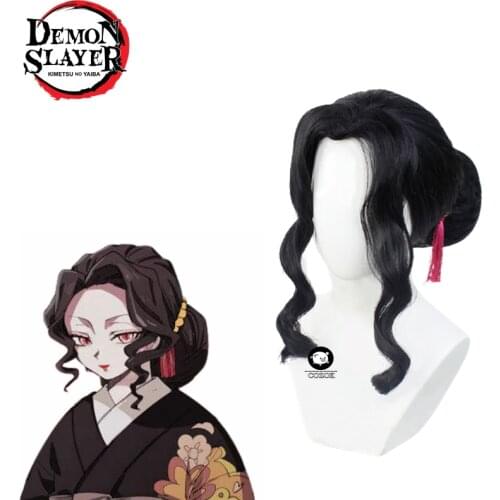 Demon Slayer Kimetsu No Yaiba Kibutsuji Muzan Cosplay Wig Costume Black Women Curly Hair + Free Wig Cap
