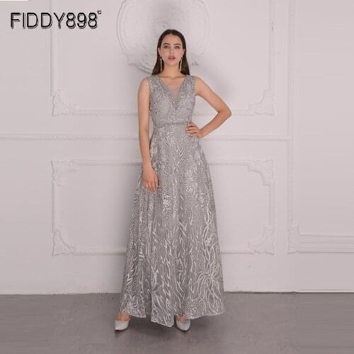Crystal Beaded Lace Evening Gowns New A-Line V-Neck Long Grey Formal Party Dress Graduation Wear Vestidos Elegantes De Noche
