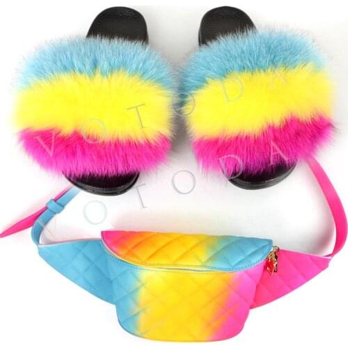 Women Fur Slippers Belt Bag Set Woman Fox Fur Slides Fanny Pack Set Female Fluffy Fur Flip Flop Jelly Bag Set Girls Fur Sandals