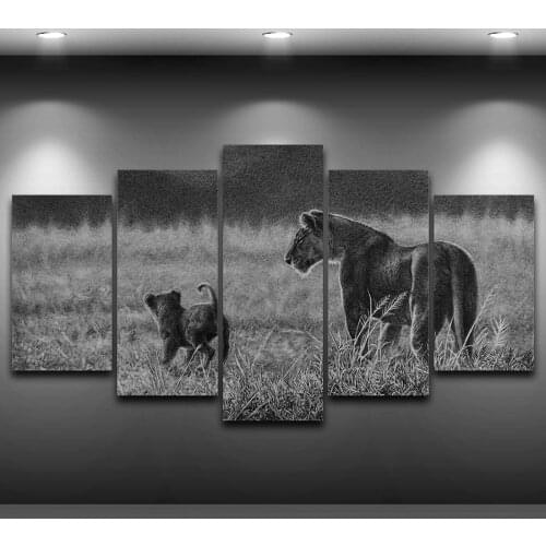 Modern Wall Art Painting HD Printed On Canvas Home Decor Pictures 5 Panel Frame Animal Lions Mother And Son Photo Poster