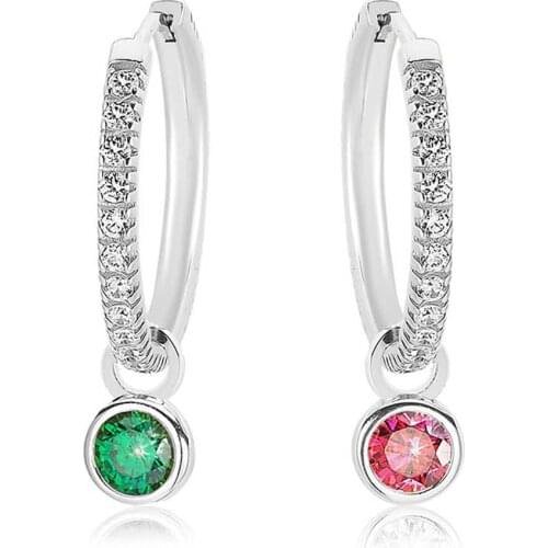 Valori Jewels Stylish Round, Zirconia Red And Green Gemstone, Rhodium Plated, Sterling Silver Medium Hoop Charm Earrings