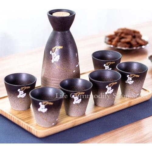 Cherry Blossoms Vintage Ceramic Sake Pot Cups Set Japanese Style Hip Flasks Home Kitchen Office Flagon Liquor Cup Drinkware Gift