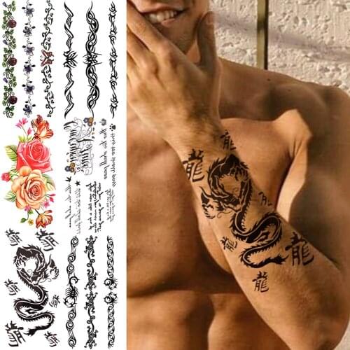 3D Dragon Temporary Tattoos For Men Boy Kids Vine Totem Flower Totem Poem Fake Tattoo Sticker DIY Unique Waterproof Tatoos Arm