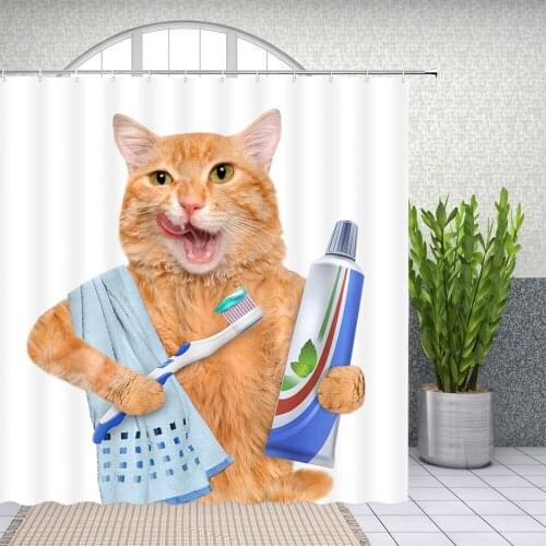 Funny Animal Shower Curtains Cute Pet Cat Brush Teeth Creative Design Pattern Bathroom Decor Polyester Cloth Hanging Curtain Set