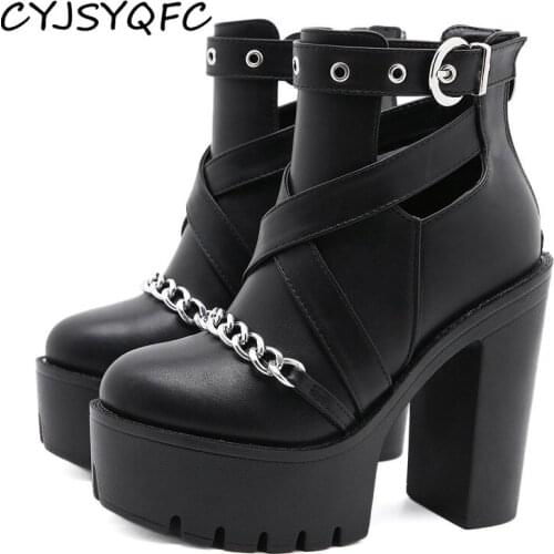 CYJSYQFC Fashion Metal Chain Women Shoes Autumn Punk Round Toe Thick Bottom Square High Heels Platform Ankle Boots Plus Size 42
