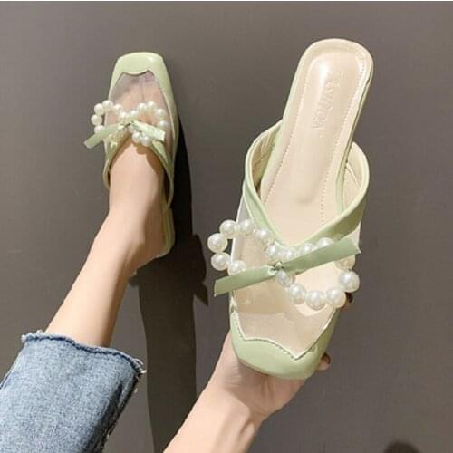 Summer Trend Mesh Square Head Exquisite Pearl Flat Bottom Ladies Baotou Half Slippers Casual Large Size 35-40 Muller Shoes