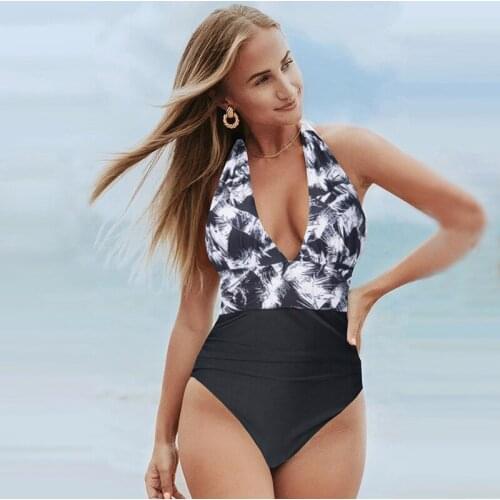 Patchwork Bathing Suit Women One Piece Swimsuit Deep V Swimwear Halter Monokini Swimming Suit Women Sexy Swimsuit 2020