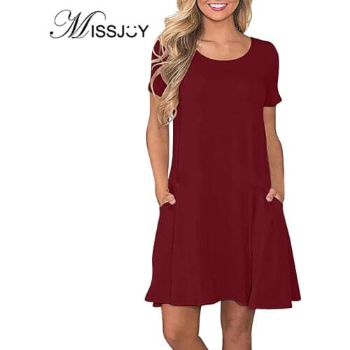 MISSJOY 2020 Summer O-Neck Solid Color Dresses Women Fashion New Loose Beach Short Sleeve Pocket Female Clothing Cotton Wine red