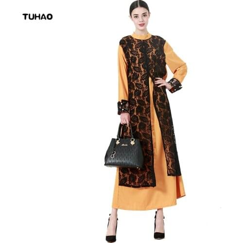 TUHAO Fake Two Piece Womens Dress Lace Vintage Place Maxi Long Dresses Middle East Style Female Robes Oversize 6XL 7XL CM17