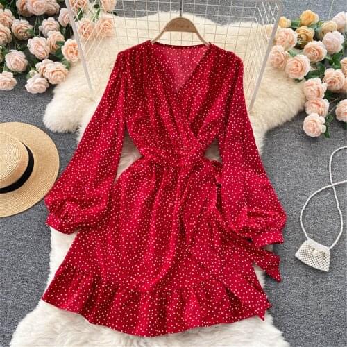 Women Polka Dot Autumn Dress Retro V Neck Long Sleeve Bandage Midi Dresses Fashion Casual Beach Vestidos Female Clothing 2021