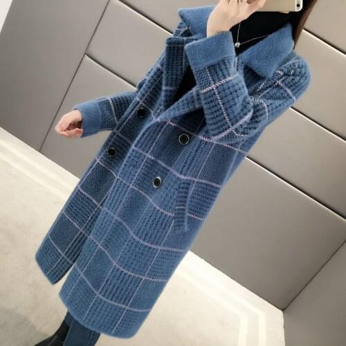 Imitation Mink Velvet Coat Women Long Woolen Coats Autumn Winter Thick Loose Warm Faux Mink Plaid Overcoat Abrigo Mujer X527