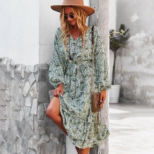 2021 Autumn Winter Long Sleeve Floral Print Ruffles Dress Women Elegant V-neck Sashes Midi Dress Holiday Vintage Party Dress