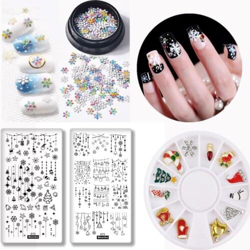 1 Set Nail Rhinestone Mixed Christmas Snowflake Glitter 3D Sequins XMAS Nail Art Template Stamping Decoration Manicure Tools