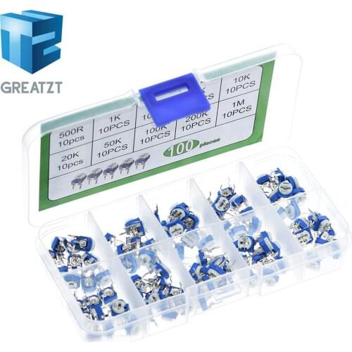 GREATZT 100Pcs/Box RM065 Carbon Film Horizontal Trimpot Potentiometer Assortment Kit 10 Values Variable Resistor 500R - 1M