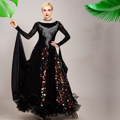 2020 New Women Ballroom Dance Dress Long Sleeve Rhinestone Sequin Performance Stage Jazz Waltz Tango Foxtrot Dance Dress DL5258