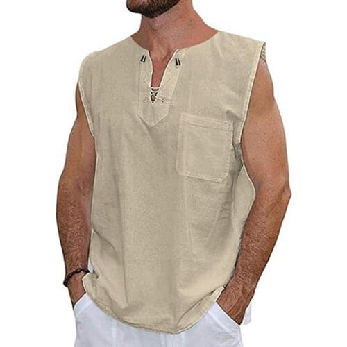 2021 Fashion Summer Hippie Men Solid Color Clothing Tanks Cotton Linen Drawstring V Neck Sleeveless Casual Shirt Tanks Tops Tee
