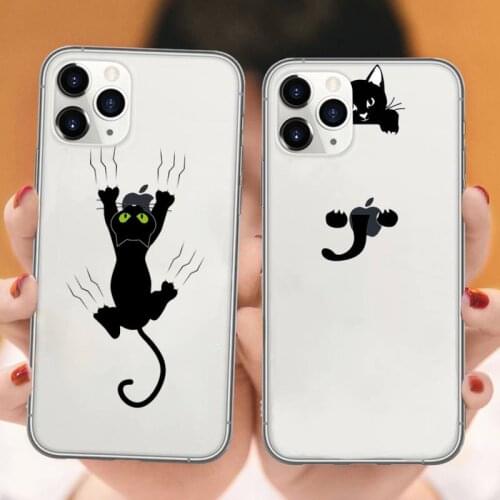 Cute Cat Black Cat Cartoon Phone Case Transparent soft For iphone 5 5s 5c se 6 6s 7 8 11 12 plus mini x xs xr pro max