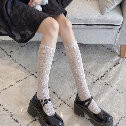 Lolita Lace Women Stockings Transparent Thin High Knee Socks Female Black White Heart Elastic Long Sock Calcetines Medias