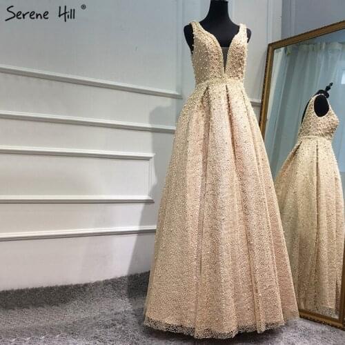 2020 Nude Deep-V Sleeveless Sexy Prom Dresses Long 2020 Pearls Crystal Luxury Prom Ball Gowns Real Photo DLA6173
