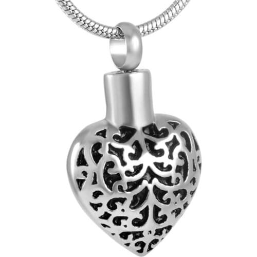 IJD8918 Vintage Flower Pattern Heart Urn Pendant for Ashes Stainless Steel Keepsake Locket to Hold Ashes Memorial Necklace