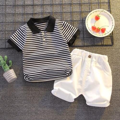 Summer Kids Sets Boys Fashion Cotton Sets Toddler Boy Clothes Short Sleeve Striped Polo Tops + Shorts Two-piece Childrens Sets