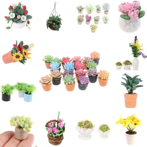 1/12 Doll House Miniature Flowers Fairy Garden Ornament Mini Potted Plant Flowers Pot DollHouse Decor Bonsai Model House Decor