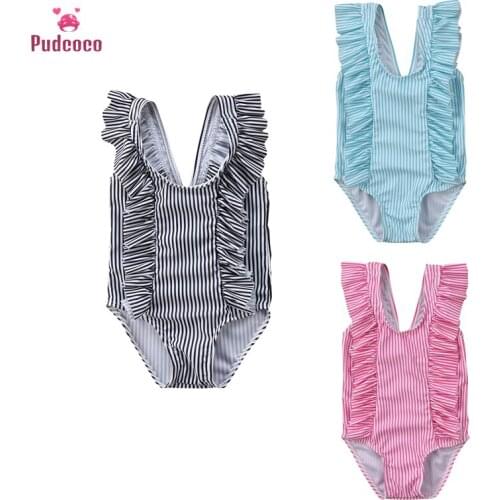 2-7T 2020 One Piece Baby Girls Swimwear Ruffle Girl Swimsuit 3 Colors Striped Swimming Suit For Kid Girls