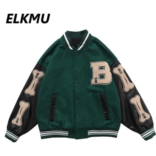 ELKMU Hip Hop Furry Bone Patchwork Color Block Jackets Mens Harajuku Streetwear Bomber Jacket Male Baseball Coats Unisex HM257