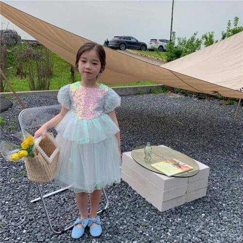 Summer Princess Mesh Dresses For Girls Fashion Bling Puff Sleeve Knee Length Ball Gowns Children Birthday Wedding Party Dresses