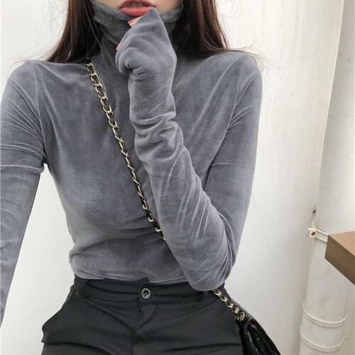 Hot Women Warm Gold Velvet Pullovers Tops Turtleneck Long Sleeve High Collar Bottoming Slim T-shirt New
