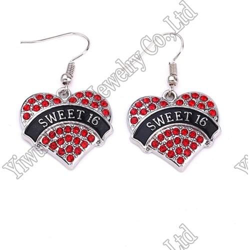 SWEET 16 Earrings Crystal Adorned Heart Shaped Pendant French Hook Earrings Commemoration Day Jewelry