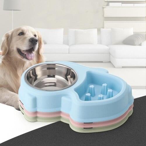 Pet Double Bowl Dog Slow Down Eating Feeder Cat Stainless Steel Feeding Food Drinking Bowls Puppy Universal Healthy Diet Dishes